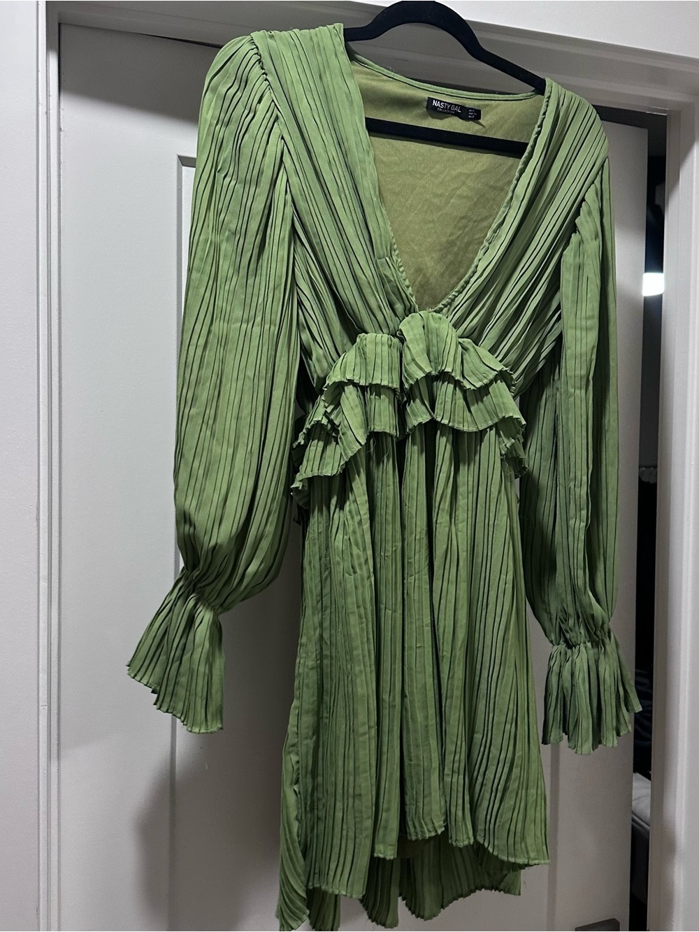 Nasty Gal Light Green Pleated Ruffle V-Neck Mini Dress